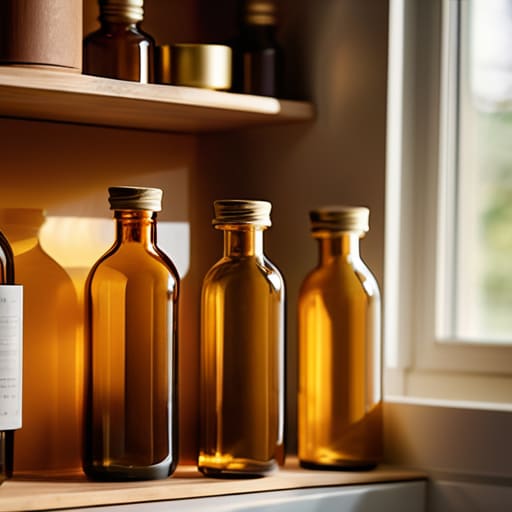 Organizing items using amber glass bottles.