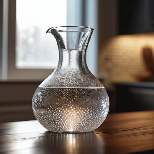 Elegant glass carafe on a table.