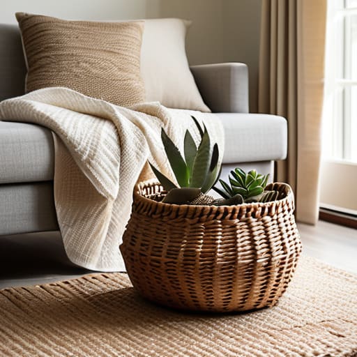 Organizing home storage with handwoven baskets.