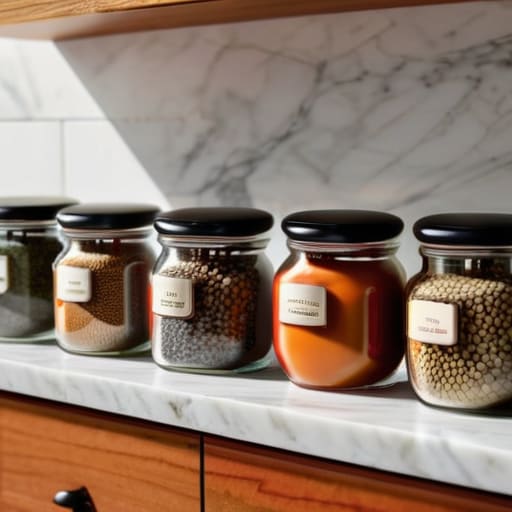 Organized kitchen spice jars on a shelf.