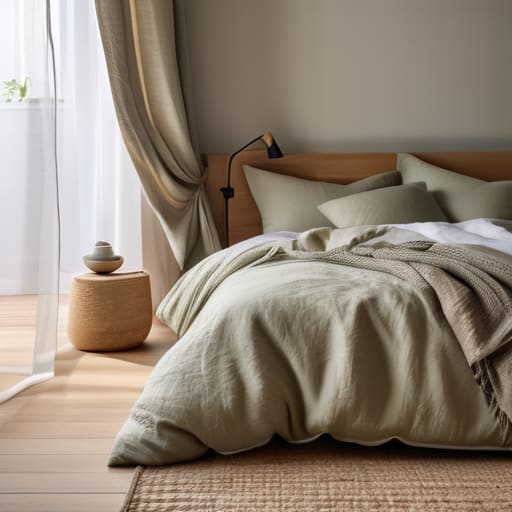 High quality linen bedding in bedroom.