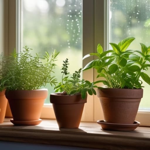 Fresh potted herbs growing in a kitchen.