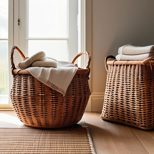 Organizing items using wicker storage baskets.